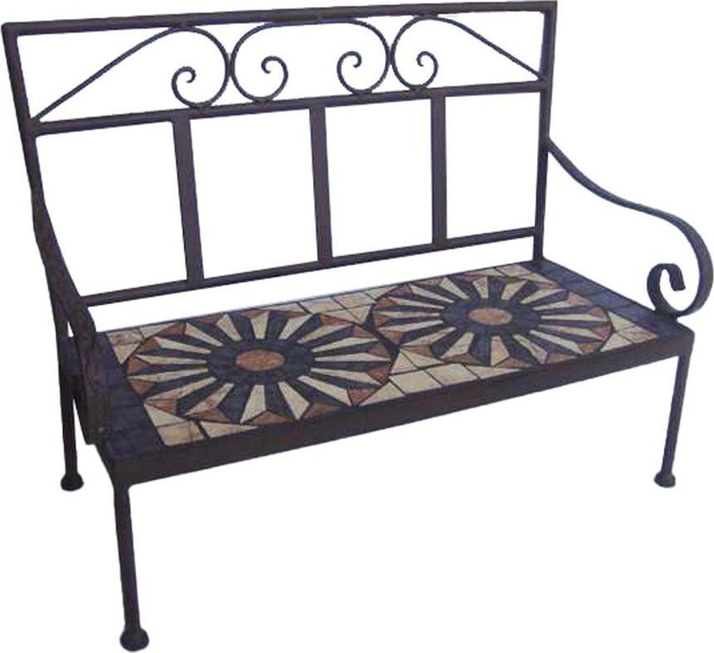 A metal bench with a tiled seat.