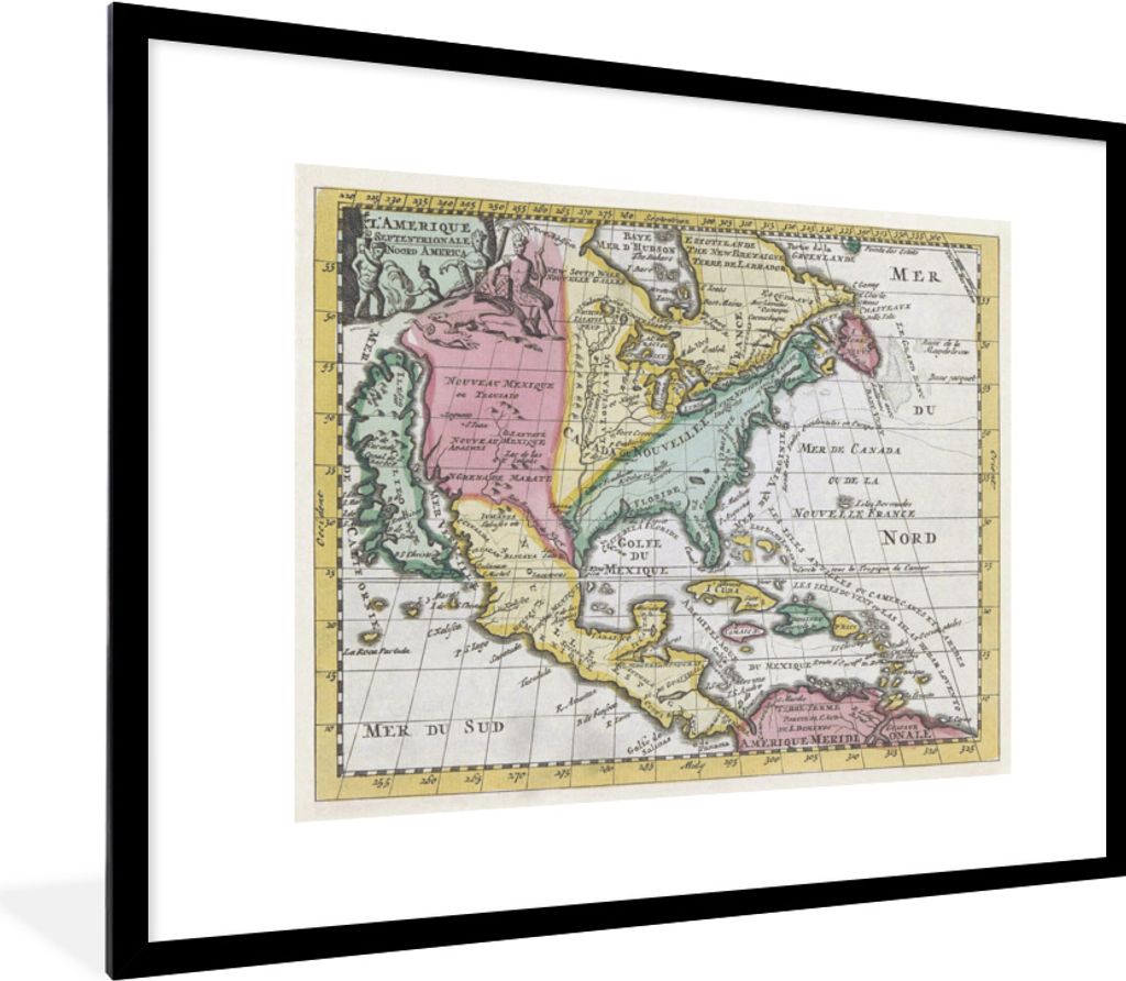 MuchoWow MuchoWow Gerahmtes Poster Karte - Retro - Amerika 80x60 cm - Poster mit zchwarzem Bilderrahmen - Schlafzimmer-Dekorationen - Fotoposter