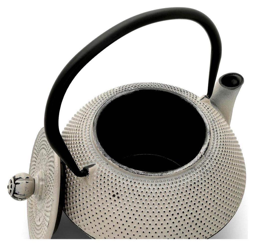 Gusseisen Teekanne Set 1,1 Liter - grauer Teekessel mit Edelstahl-Filter für losen Tee, Teebecher (4 Tassen), Stövchen und Untersetzer