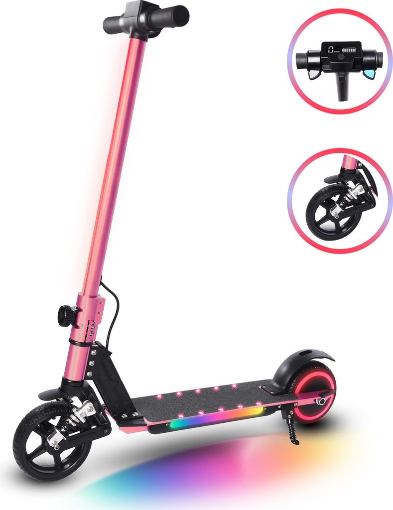 Elektroscooter Mit Stoßdämpfende Funktion, LED-Anzeige E Scooter, Faltbarer Elektroroller Geschenk Für Kinder und Jugendliche Ab 6-16 Jahren- Rosa