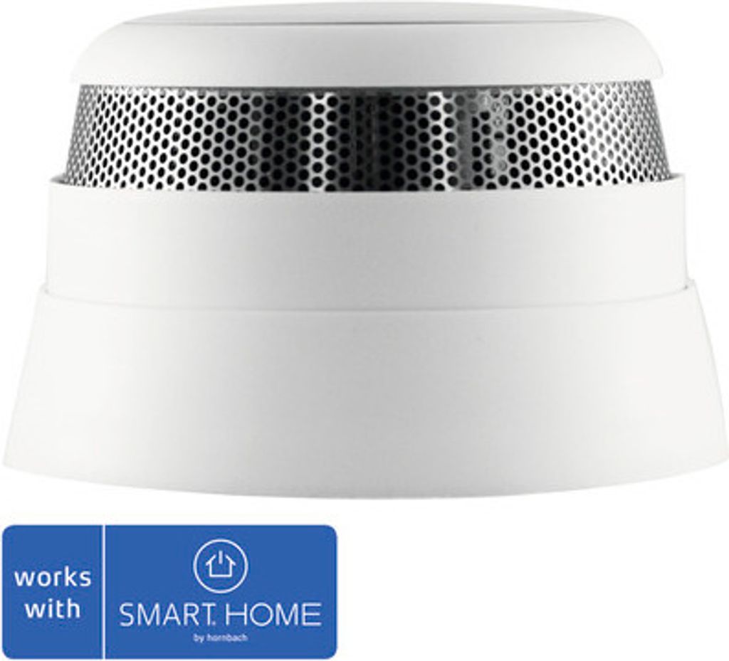 A white smoke detector with a silver perforated top, set against a white background. A blue overlay with text and a logo is present at the bottom.