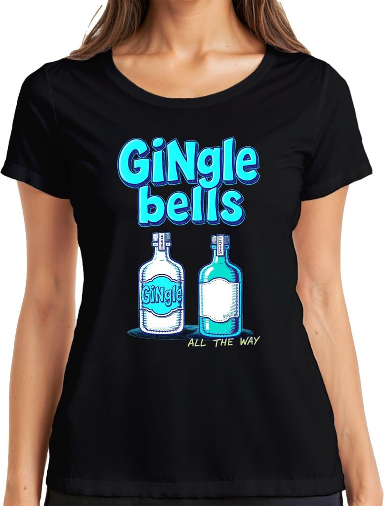 Gingle bells Weihnachten Gin Geschenk Gin Liebhaber All the way Damen T-Shirt, Schwarz, L