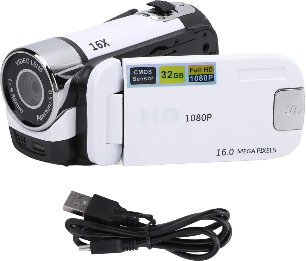 Caméscope Numérique FHD 1080P 16MP avec Écran 2,4 Pouces Blanc V300
