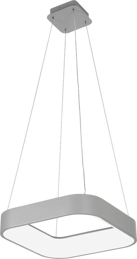 A modern, square pendant light fixture with rounded edges, suspended by thin wires from a ceiling canopy.