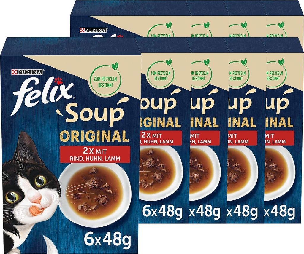 A product shot of multiple boxes of Felix cat food soup.