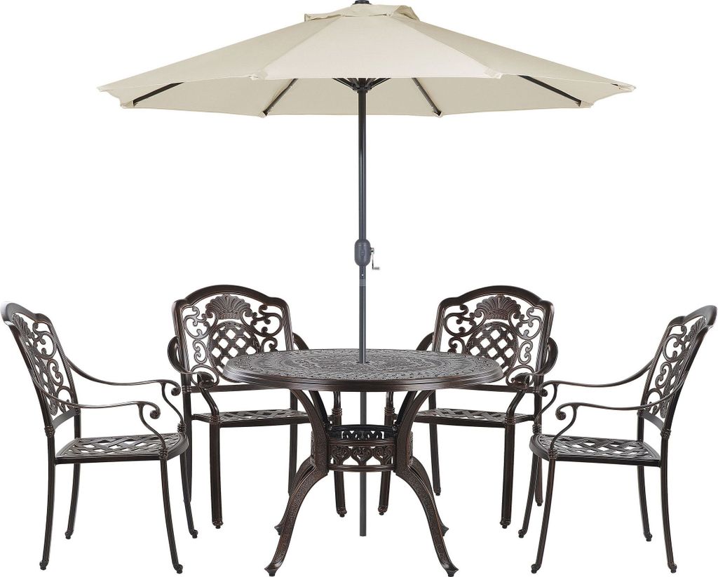 BELIANI Gartenmöbel Set mit Sonnenschirm Dunkelbraun Aluminum 4-Sitzer 6-teilig mit Auflagen Runder Tisch Garten Terrasse Balkon Ausstattung Möbel