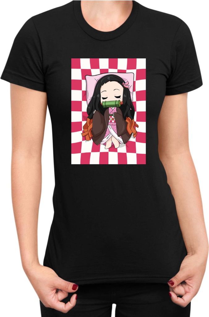 Damen T-Shirt Demon Anime Slayer Kimetsu No Yaiba Nezuko Sleeping, Lady 2XL / Schwarz
