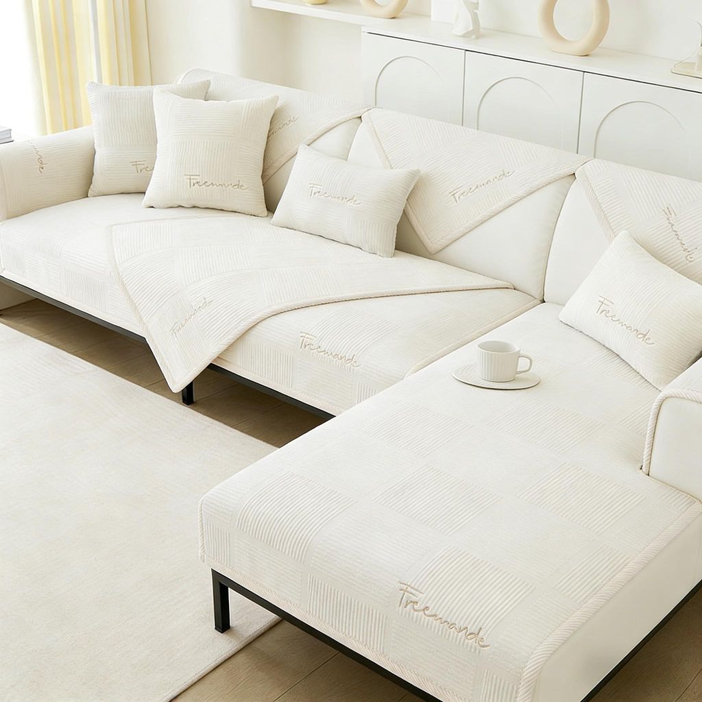 2St Stickte Sofabezug,5 Sitzer, Dicke Sofa ,Antirutsch Sofahusse ,Möbelschutz,90*160cm+90*210cm Couchbezug,cremeweiß.