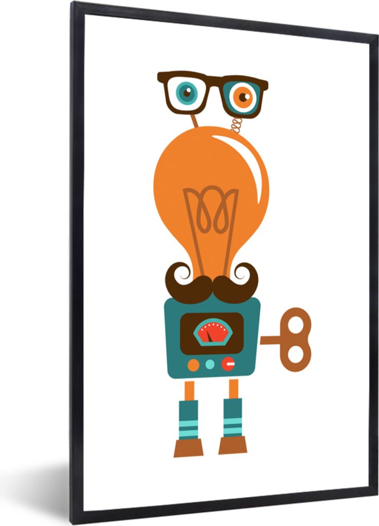 MuchoWow Gerahmtes Poster Roboter - Brille - Schnauzbart - Kinder - Jungen 40x60 cm - Poster mit Schwarzem Bilderrahmen Wandposter Rahmen Foto Bi...
