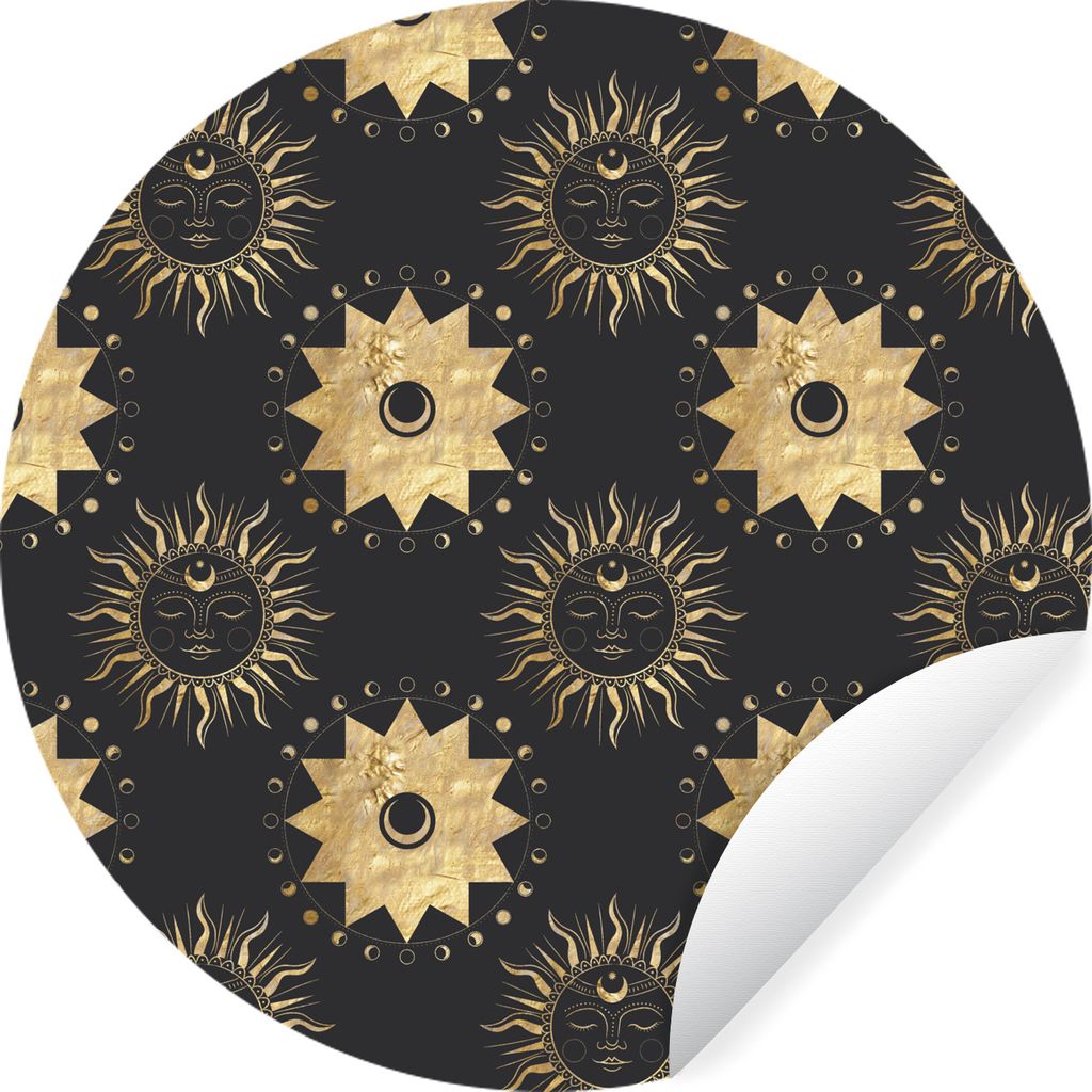 MuchoWow Runde Wandtattoo - Wandsticker Tapete Aufkleber Muster - Sonne - Sterne - Gold Ø 80 cm Selbstklebend und Repositionierbar - Wandaufkleb...