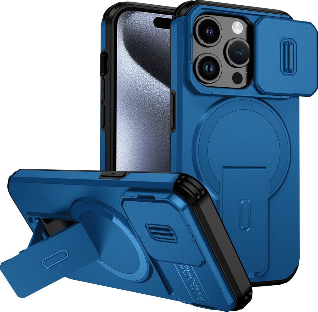 Magnetisch Hülle für iPhone 15 Pro, Dual Layer Stoßfest Handyhülle mit Dia Kameraschutz, Verstellbarem Ständer Blau