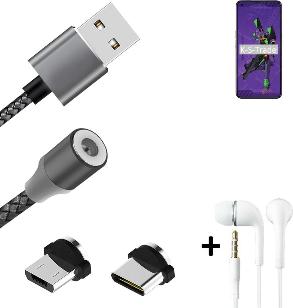 K-S-Trade Hochwertiges Magnet-Lade-kabel Sync-Kabel Daten-Kabel + Kopfhörer kompatibel mit Oppo Reno Ace 2 EVA mit USB-Typ-C-Anschluss und