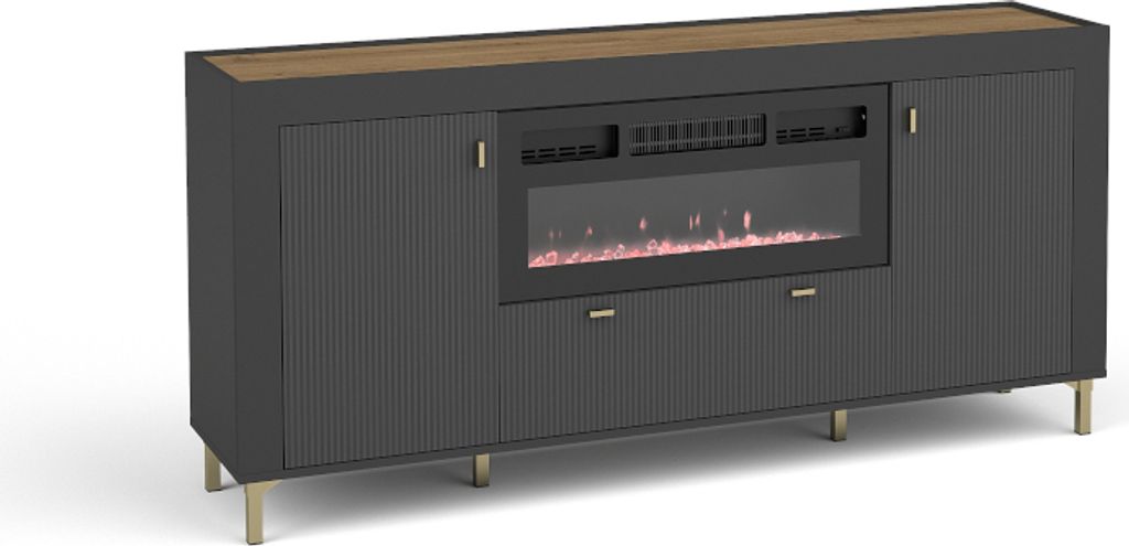 Minio, Kommode "ASSO 7", mit LED-Feuerstelle, blaue LED, 177 cm, Schwarze Farbe / Whisky Eiche