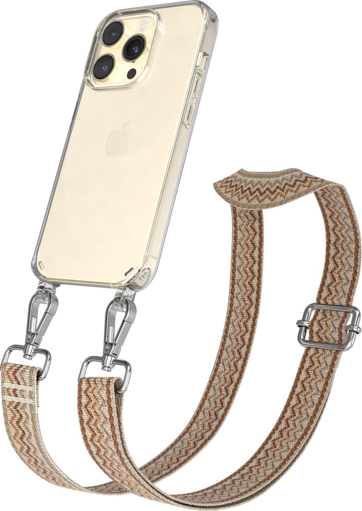 Apple iPhone 14 Pro Chain Eyelets Slim Neck Strap Set Wave Style 07 Beige/Brown 02 Metall Silver