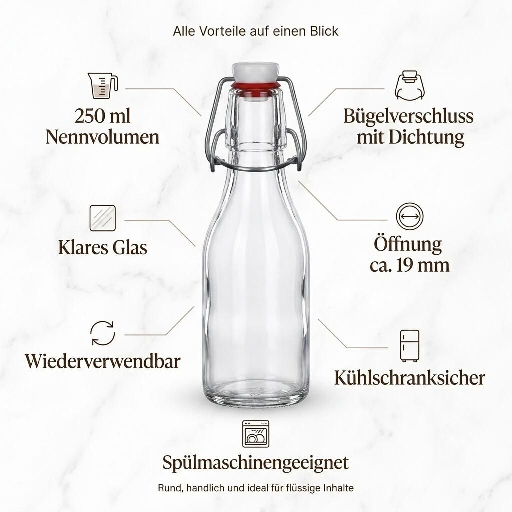 gouveo 24er Set Glasflasche 250 ml rund mit Bügelverschluss