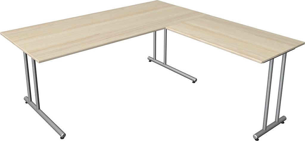 Kerkmann Schreibtisch START UP 180x80x75cm mit Anbautisch 100x60x75cm C-Fuß-Gestell alusilber inkl. Kabelkanal verschiedene Nachbildung Ahorn
