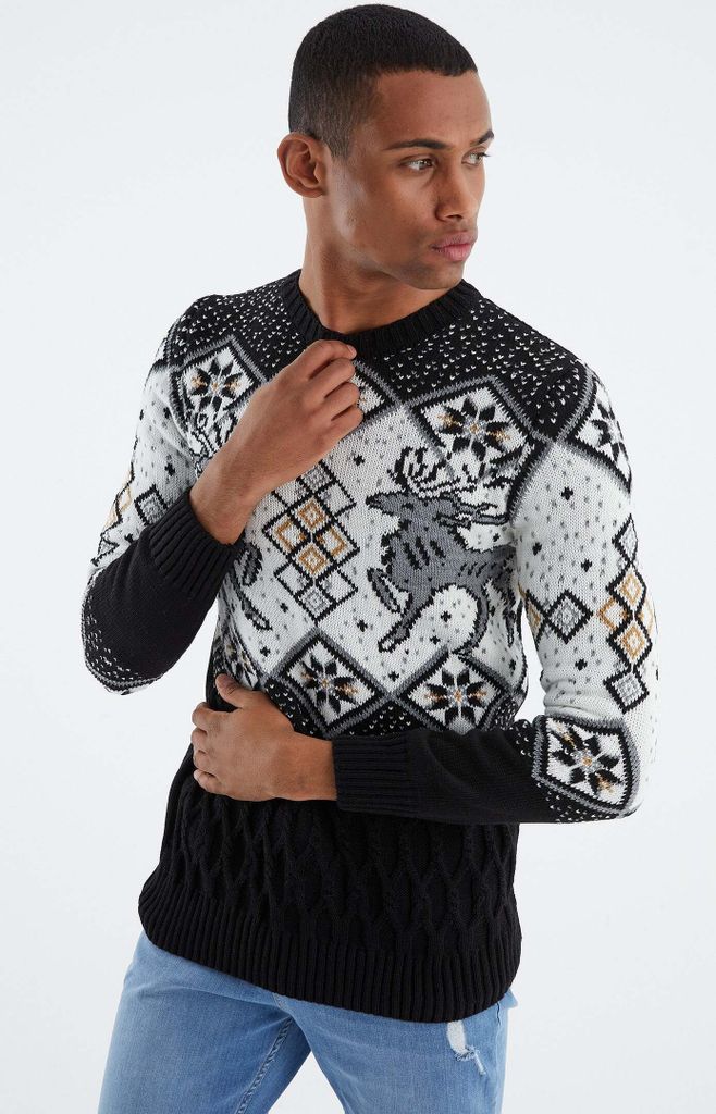 Leif Nelson Rundhals Herren Strickpullover Grobstrick Rundhals LN-20761, Schwarz / XXL