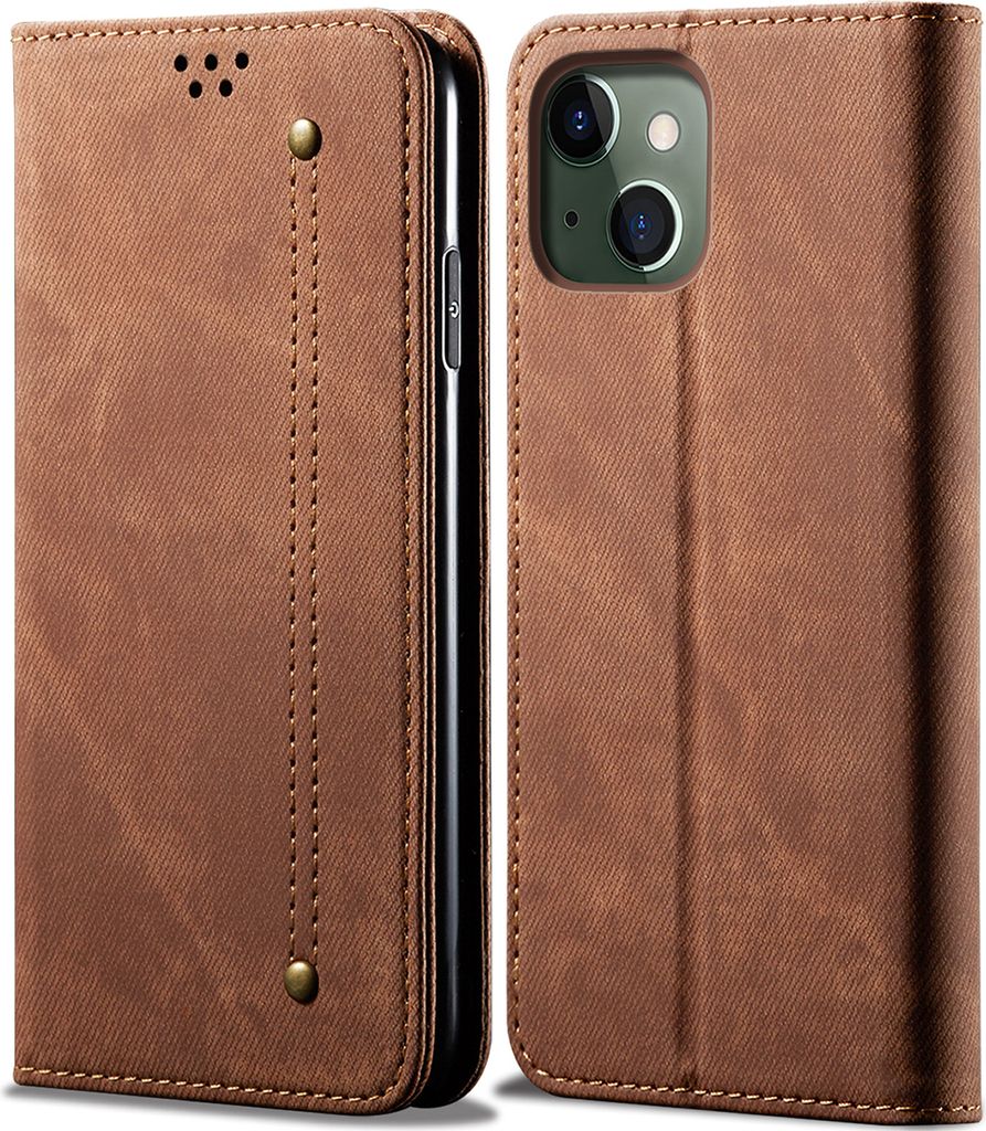 iPhone 13 Hülle, Denim Leder Brieftasche Magnetverschluss Flip Bookstyle Schutzhülle mit Standfunktion für iPhone 13 Braun