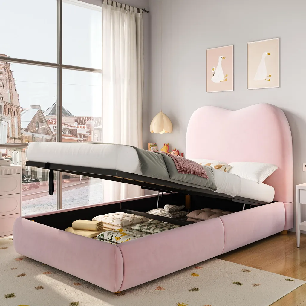 Flieks Lit hydraulique rembourré 90x200cm en velours rose avec coffre
