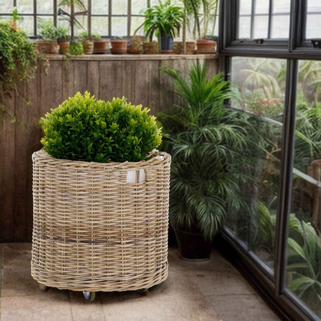 KRINES HOME Großer Pflanzkorb Rattan rund geflochten grau XXL Pflanzkübel Blumentopf mit Rollen Rollkorb Rattankorb