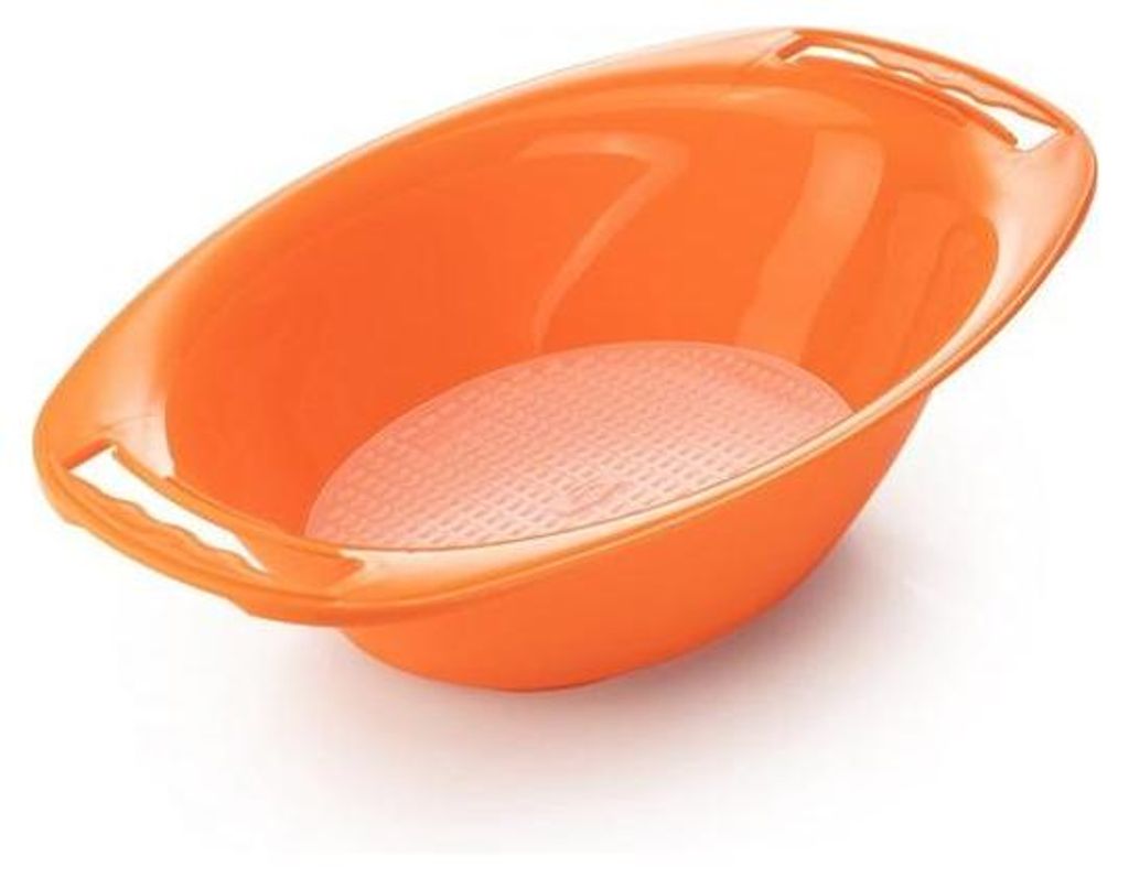 An orange plastic basin with a textured insert at the bottom, shown from a slightly elevated side angle against a white background.