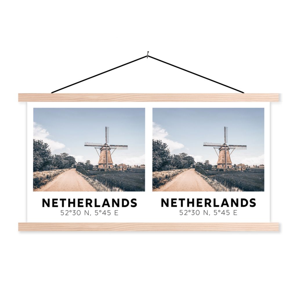 MuchoWow Textilposter Niederlande - Windmühle - Vintage - Sommer 60x30 cm mit holzfarbenen Rahmen - Dekoration