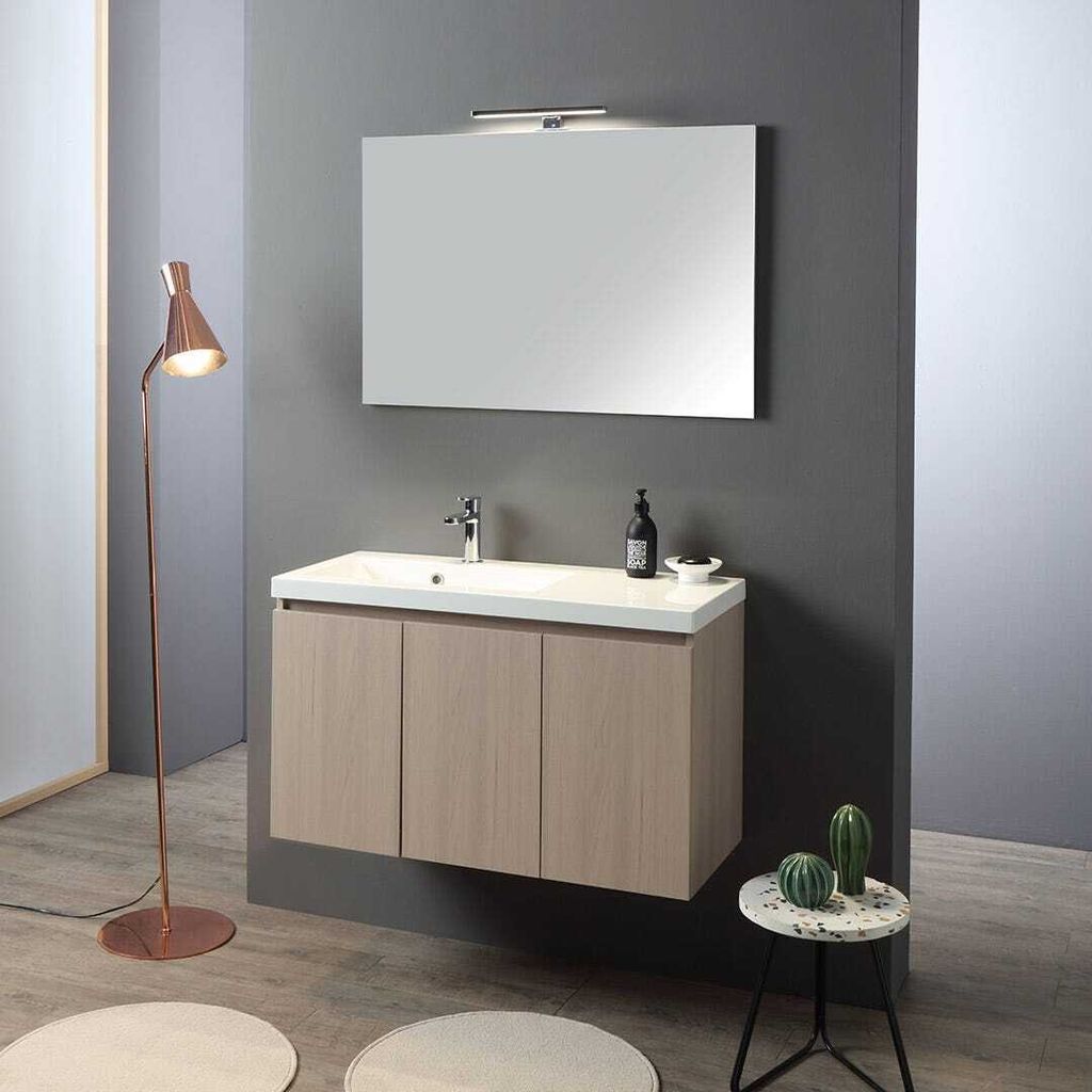 Set- Badezimmermöbel mit 3 Türen, 90 cm , linksseitigem Waschbecken und Spiegel | Malaga