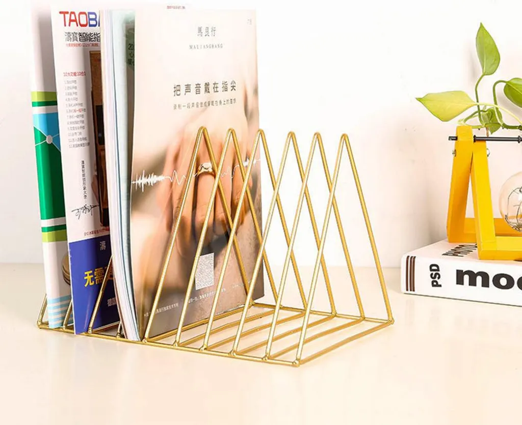 Serre-livres triangulaire doré : support de rangement bureau en fer - 3