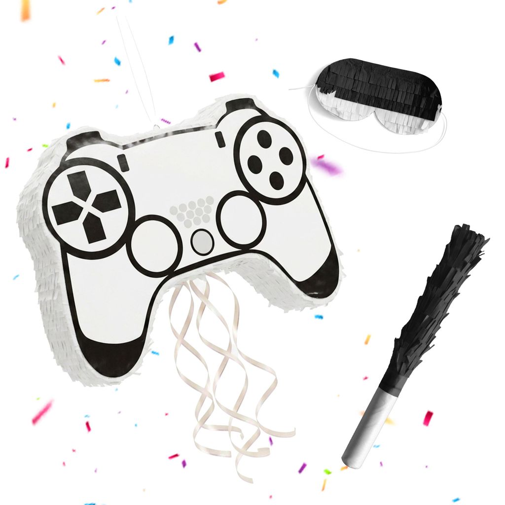 Relaxdays Pinata Gamer, Stab & Maske, Partypinata Kinder, Geburtstag, zum Befüllen, Controller, HBT: 32x42x8 cm, weiß