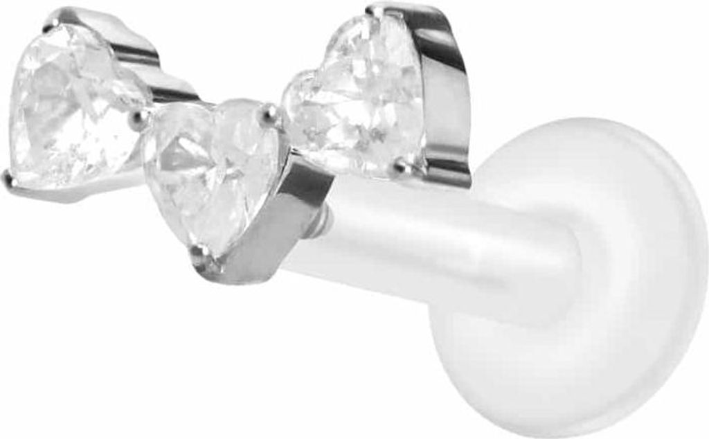 Ohrpiercing, Nasenpiercing PTFE Labret mit Innengewinde + Titan-Aufsatz 3 KRISTALLHERZEN Silber Stablänge: 7mm | Stabstärke: 1,6mm