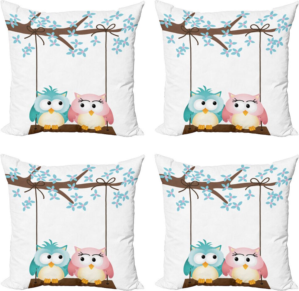 ABAKUHAUS Kindergarten Kissenbezug Set (4 Stück), Eulen in der Liebe auf Schwingen, Moderner Doppelseitiger Digitaldruck, 50 cm x 50 cm, Hellrosa ...