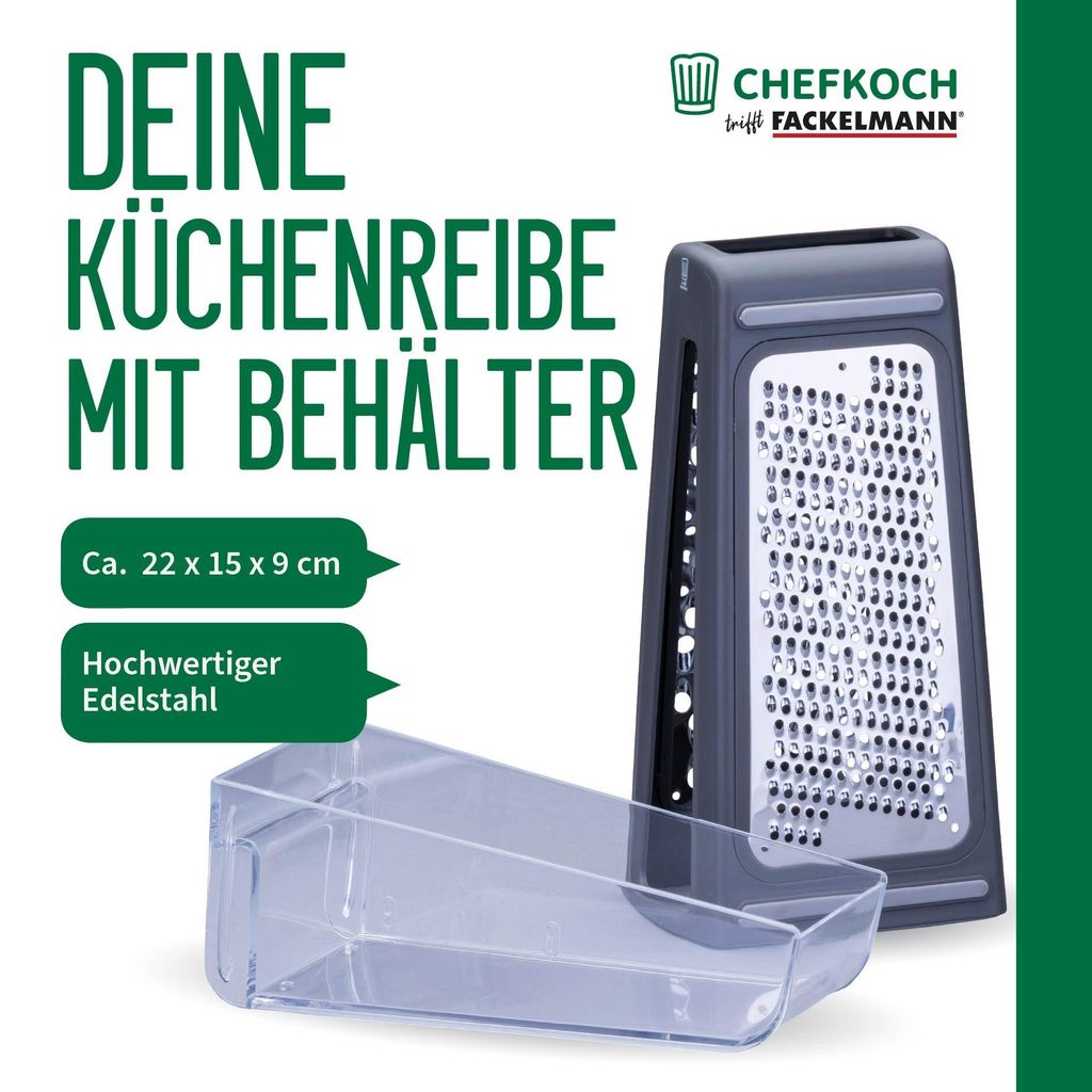 Multifunktionale Küchenreibe von Chefkoch trifft Fackelmann Edelstahl Hobel mit Auffangbehälter, ideal für Käse, Gemüse und mehr