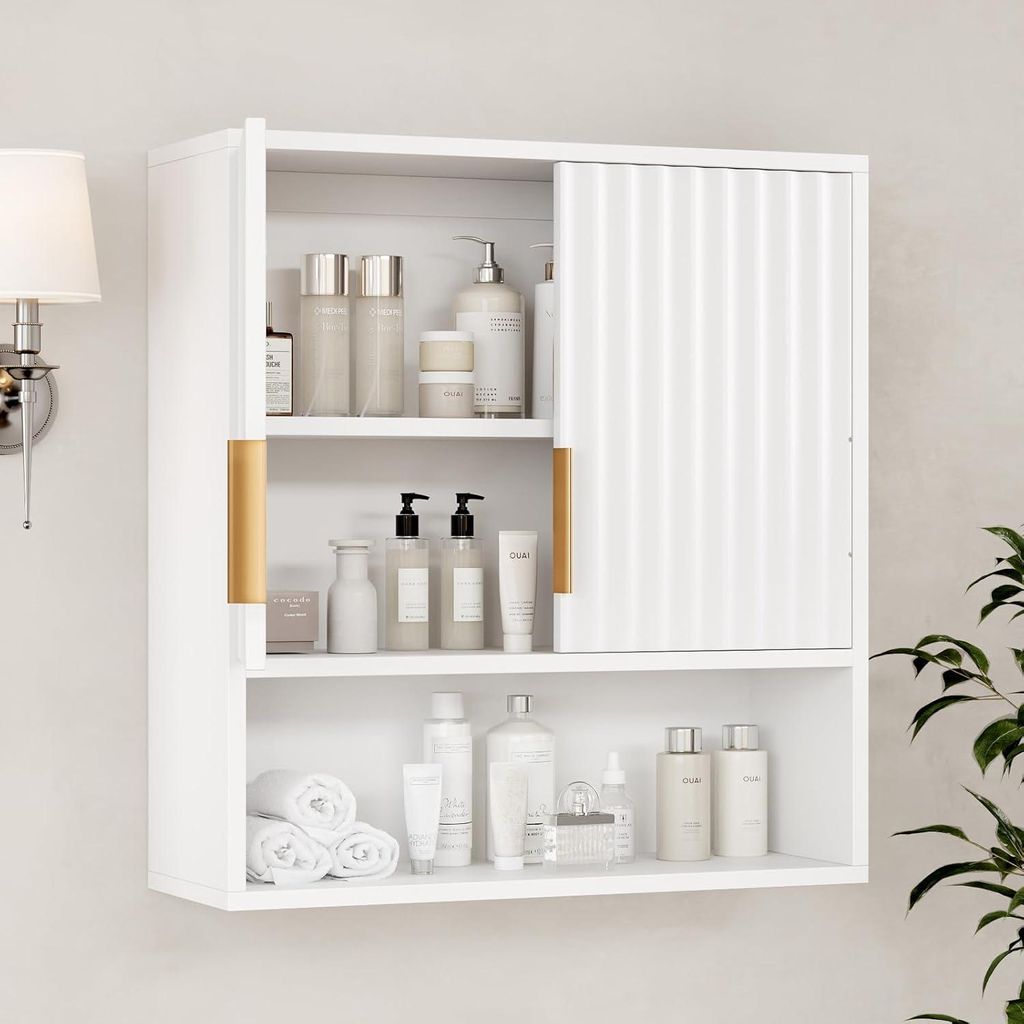 FCH Hängeschrank mit 2 Türen und offenem Fach, Badezimmerschranke erstellbare Ablage, Wandmontage, 58 x 20.5 x 62.5cm, Weiß