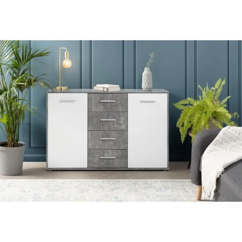 Commode de salon PILVI bicolore béton gris et blanc 122x88x34 cm