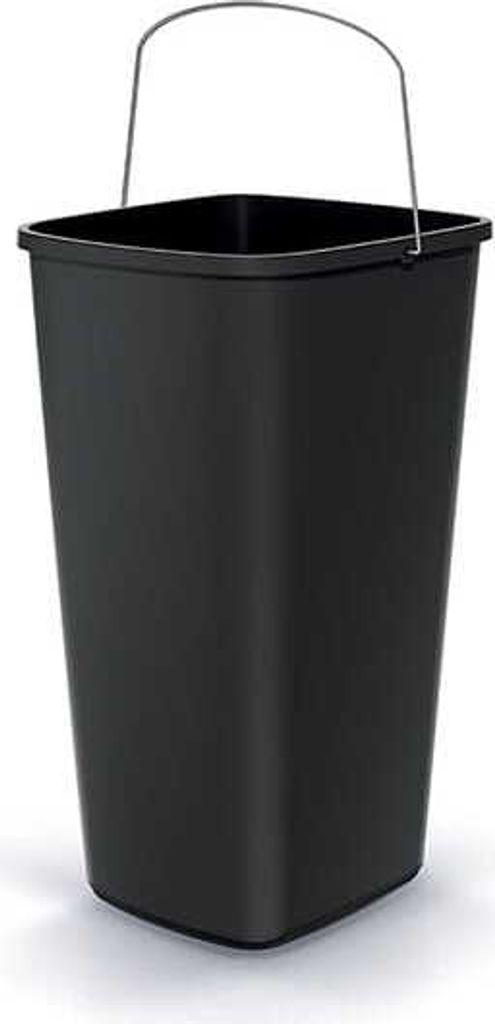 A black trash can with a metal handle is shown against a white background.