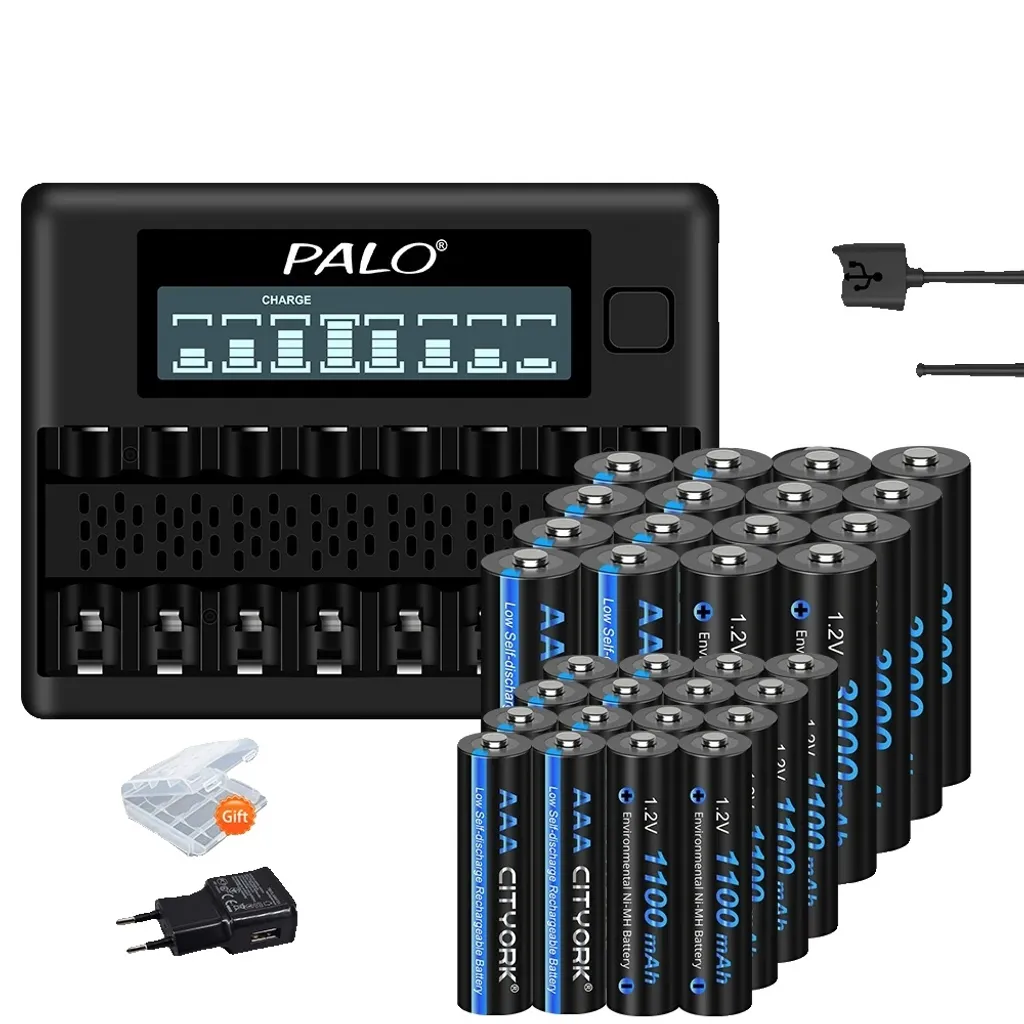 Chargeur piles rechargeables LCD 8 slots avec 16 piles AA et 16 AAA