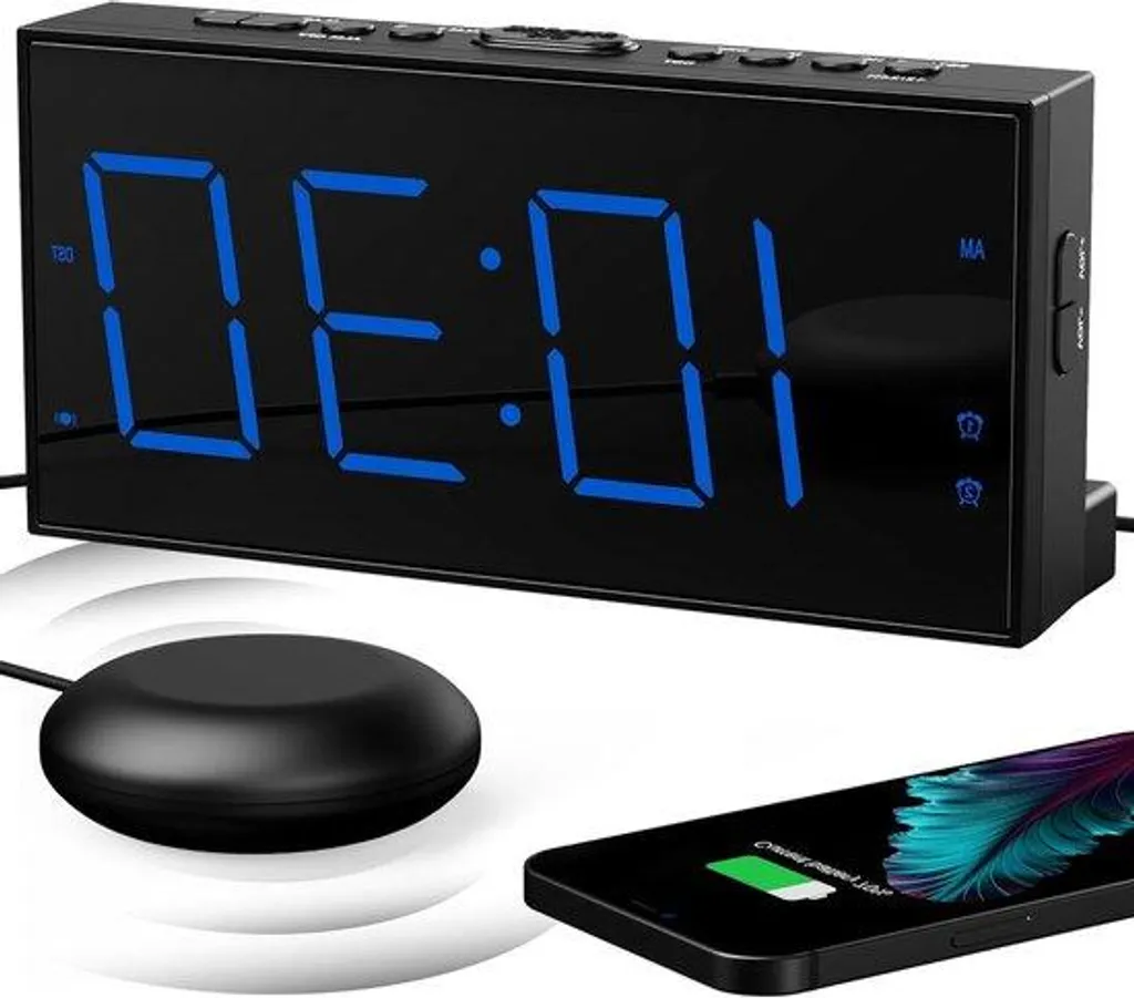 Réveil malentendants vibrant avec écran dimmable et station USB rapide