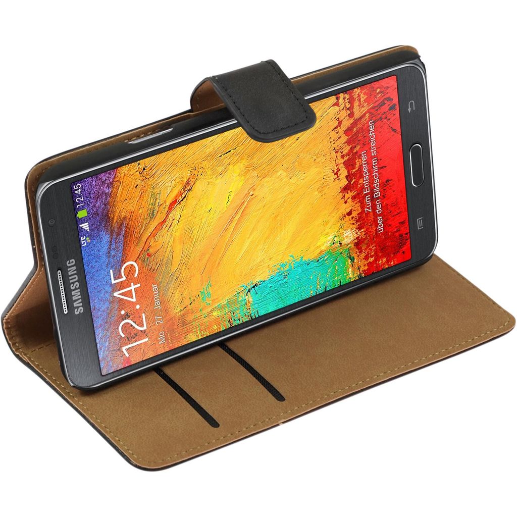 PhoneNatic Kunst-Lederhülle kompatibel mit Samsung Galaxy Note 3 Neo - Wallet schwarz + 2 Schutzfolien