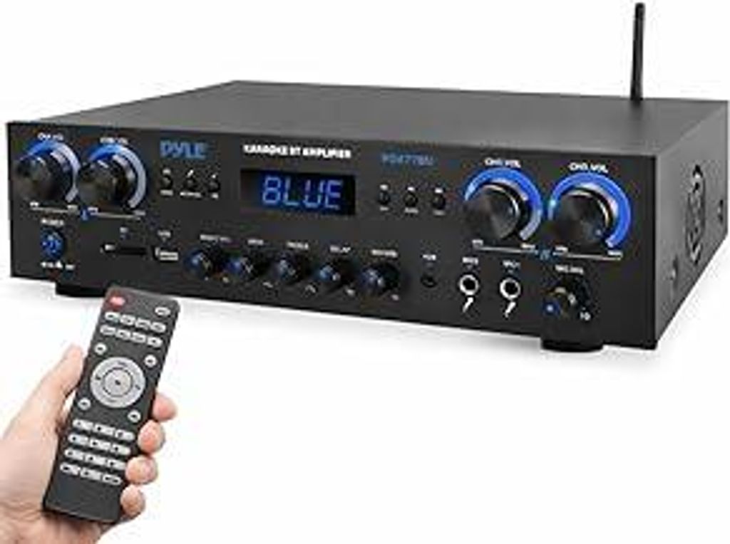 Pyle Amplifier, 800W Bluetooth Verstärker – 4-Kanal Mini Amp mit MP3, USB, AUX, SD, Mikrofon, FM, RCA, Reverb/Delay – Stereo für Heimkino, St...