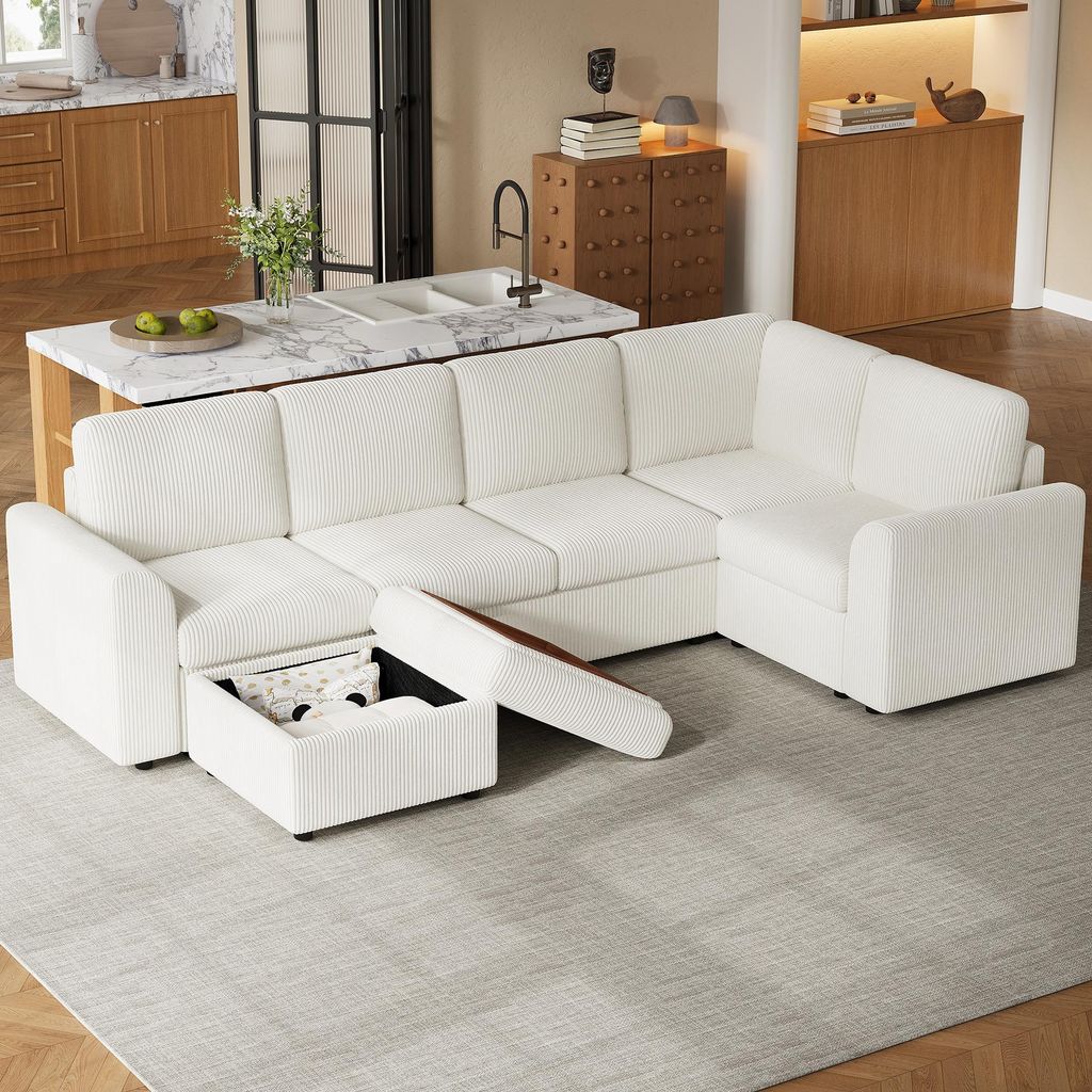 MODFU 6-Sitzer L-förmiges Sofa Cord,Ecksofa mit 1 beweglicher Stauraumhocker,Modernes Sofa mit Hochbeinige,Beige