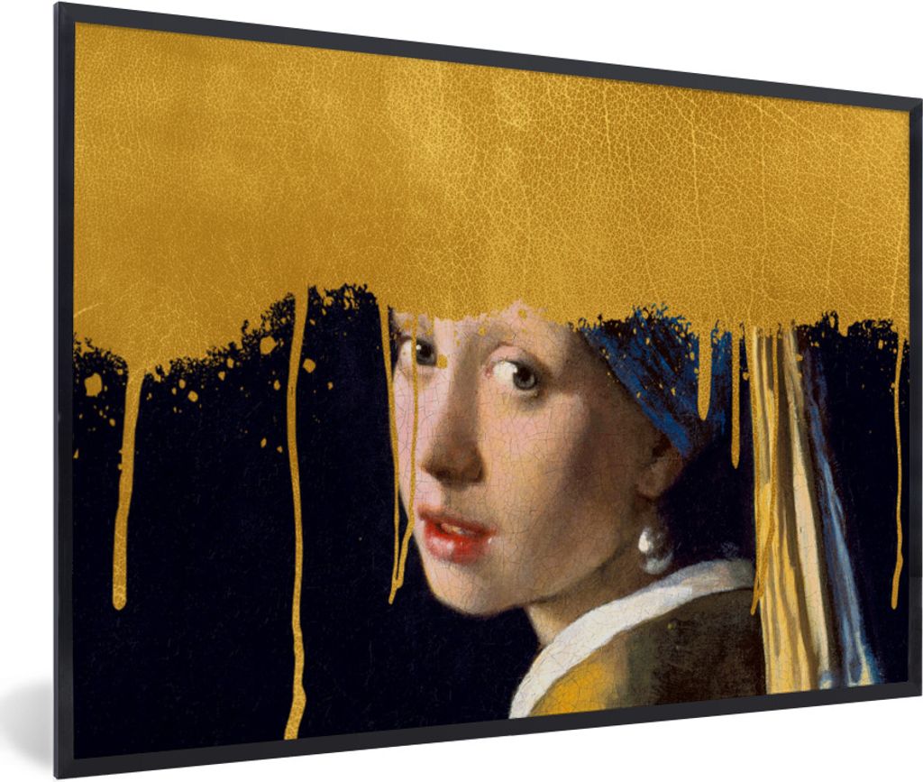 MuchoWow Gerahmtes Poster Mädchen mit einem Perlenohrring - Gold - Vermeer 60x40 cm - Poster mit Schwarzem Bilderrahmen Wandposter Rahmen Foto B...