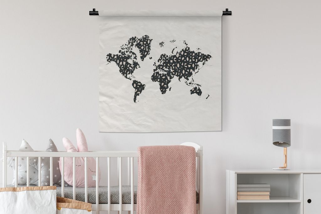 MuchoWow Wandteppich Wandbehang Weltkarte - Schwarz - Weiß - Zahlen 90x90 cm Tapisserie Dekoration Wandtuch - Wandaufhänger