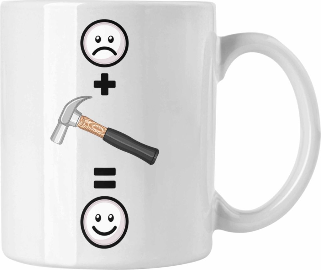 Trendation - Handwerker Tasse Geschenk für handwerker, Hausmeister Lustige Geschenkidee :( + Hammer = :) Geburtstag (Weiß)