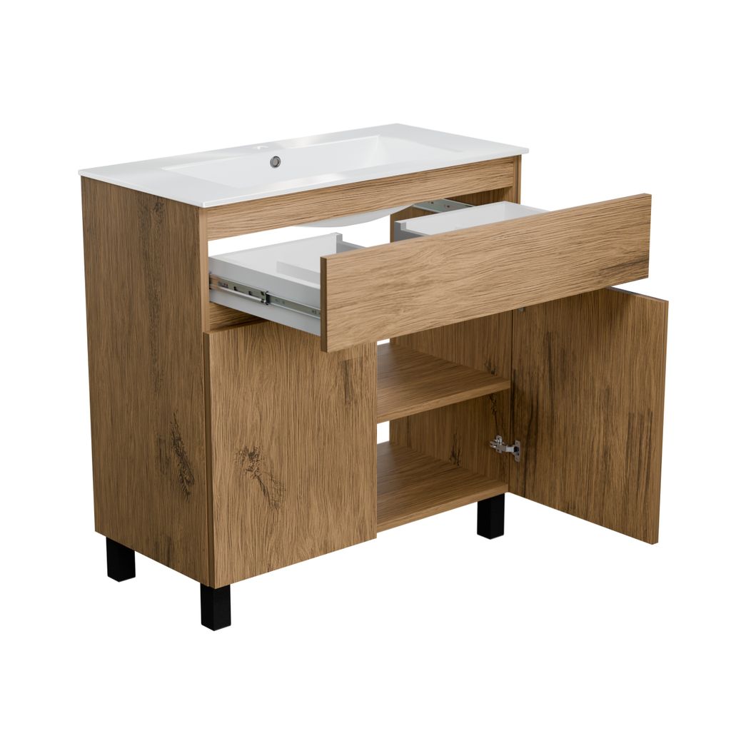Waschbeckenunterschrank Badmöbel Sink Holz Badschrank Gäste WC Schublade Regal Türe Badunterschrank Toilette Gästebad Eiche Schwarz Beine 80x40...