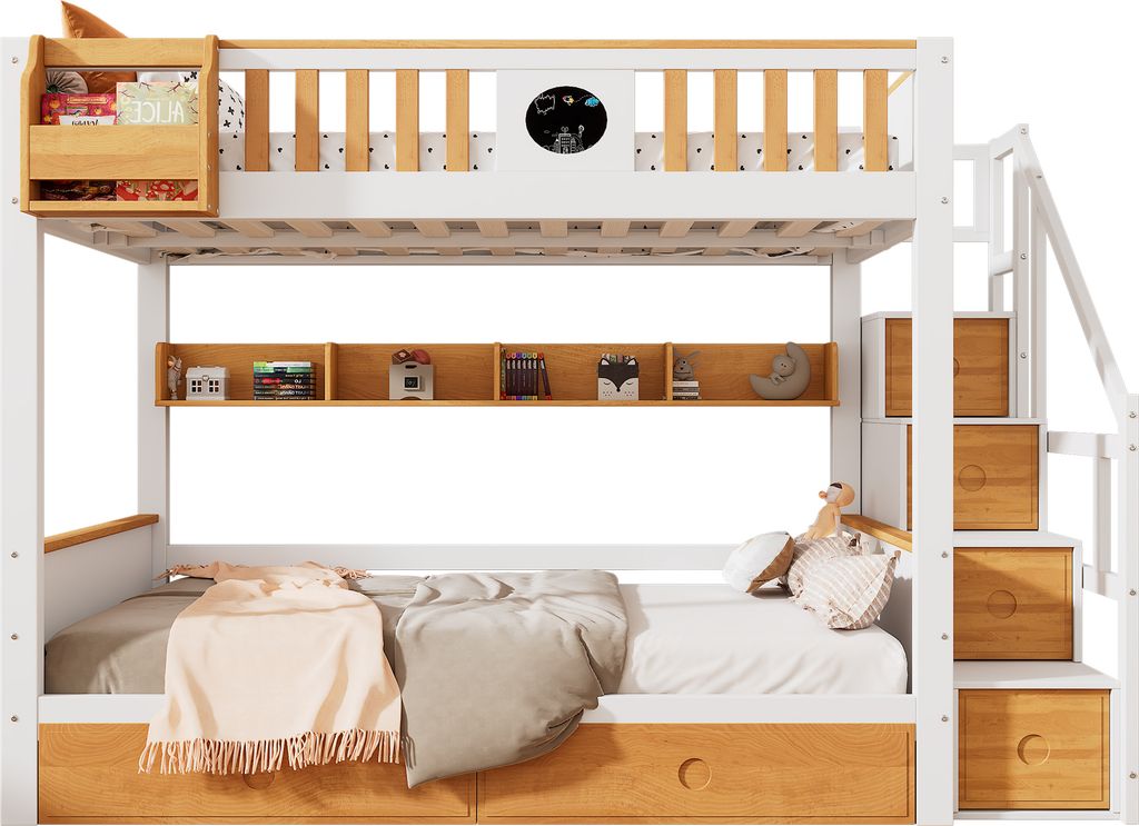 Etagenbett mit Treppe, Reichlich Stauraum, Rahmen aus Kiefernholz und MDF, Kinderbett mit 4 Schließfächer in der Treppe, mit Fallschutzgitter