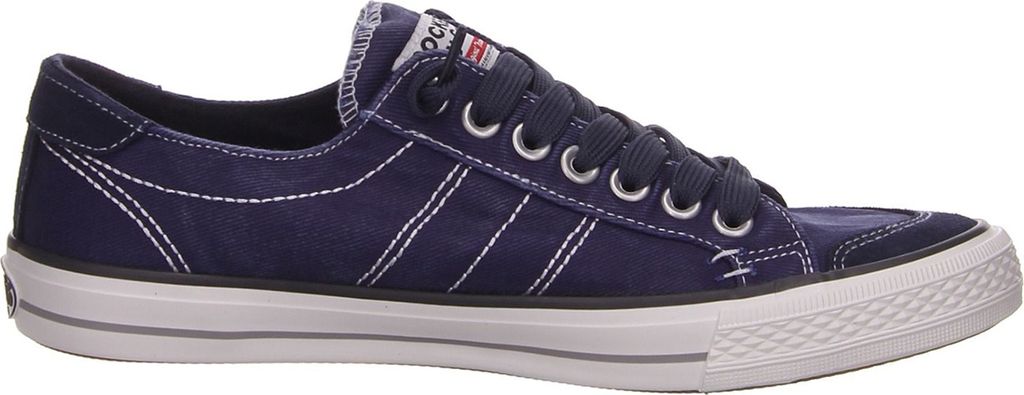 A side view of a navy blue Dockers sneaker on a white background.
