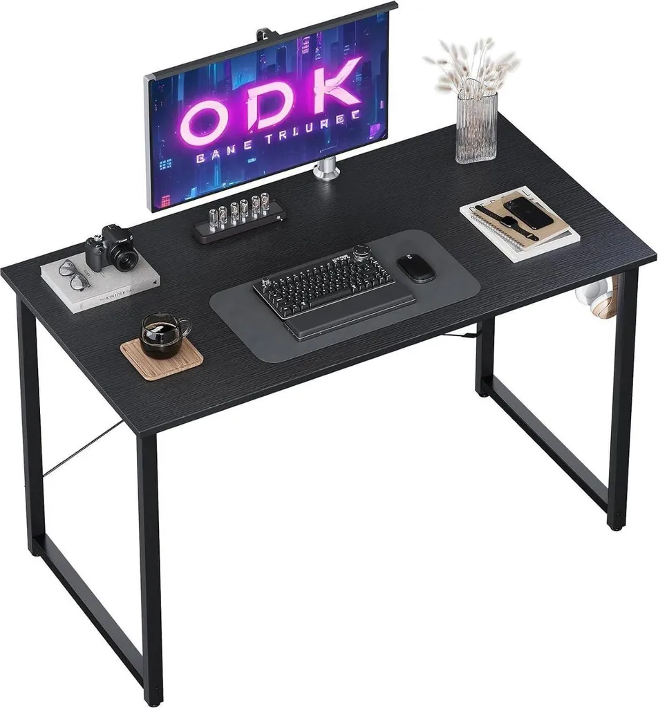 Scrivania Gaming ODK 100x48: Tavolo PC Nero con Gancio Cuffie