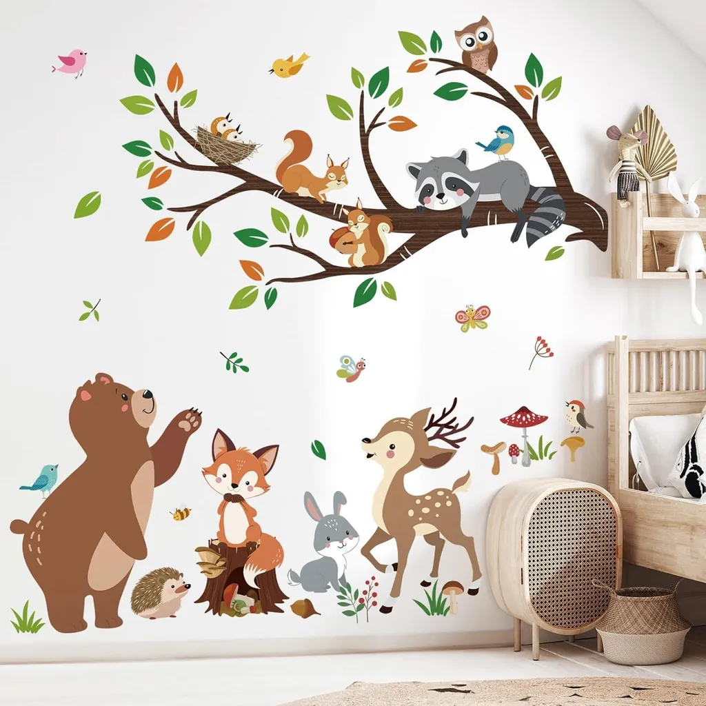 Décoration murale animaux forêt multicolore - Pack 5 stickers géants