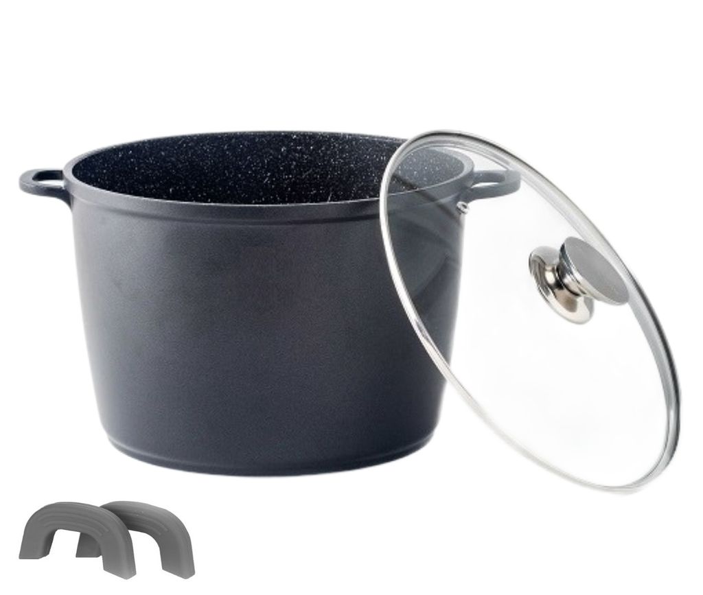 A black pot with a glass lid and two gray handles, isolated on a white background.