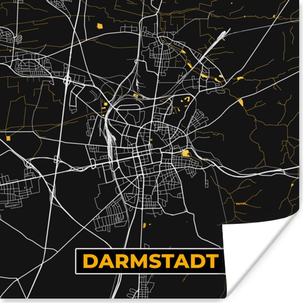 MuchoWow Poster Deutschland - Schwarz und Gold - Darmstadt - Stadtplan - Karte 50x50 cm - Wohnzimmerdekoration